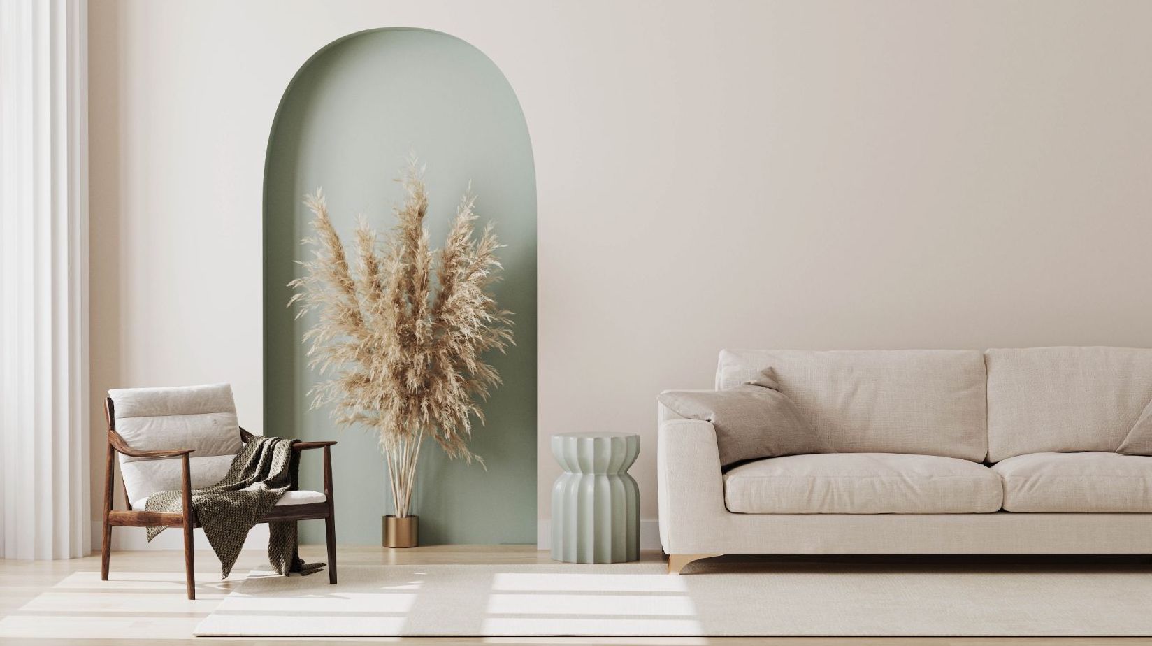 Living room with tan walls and sea green accents.