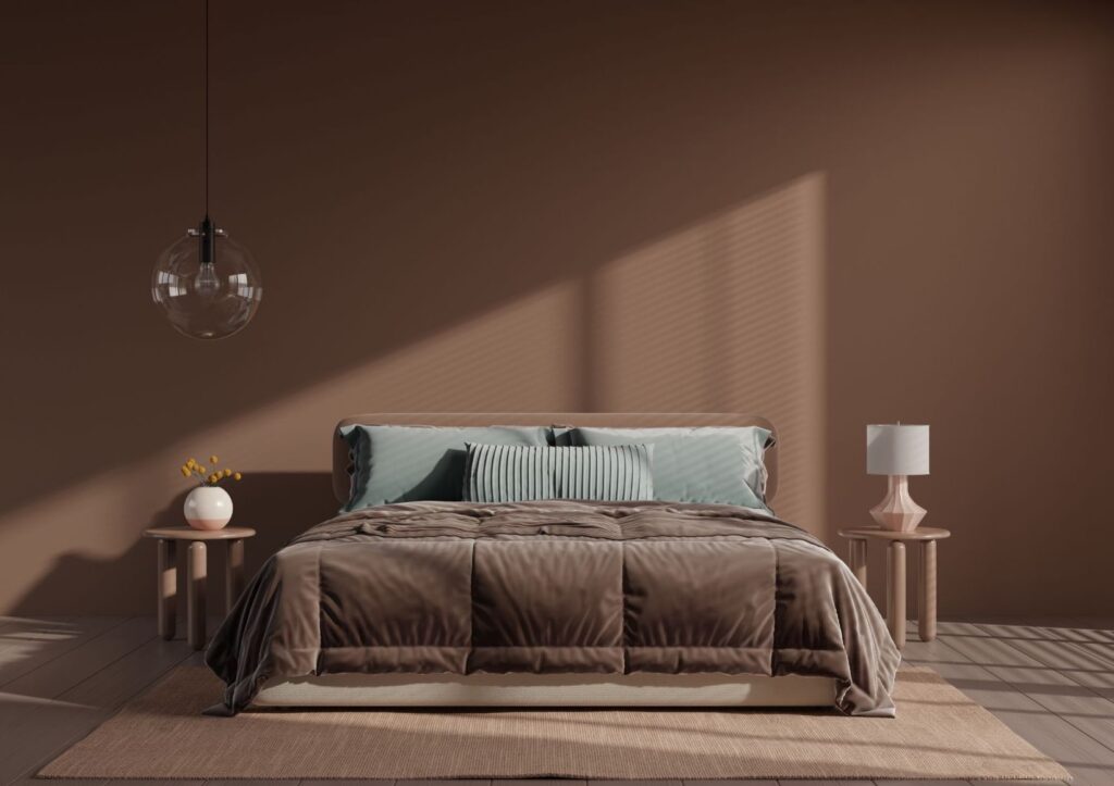 Bedroom painted in 'Mocha Mousse,' the Pantone colour of the year 2025.